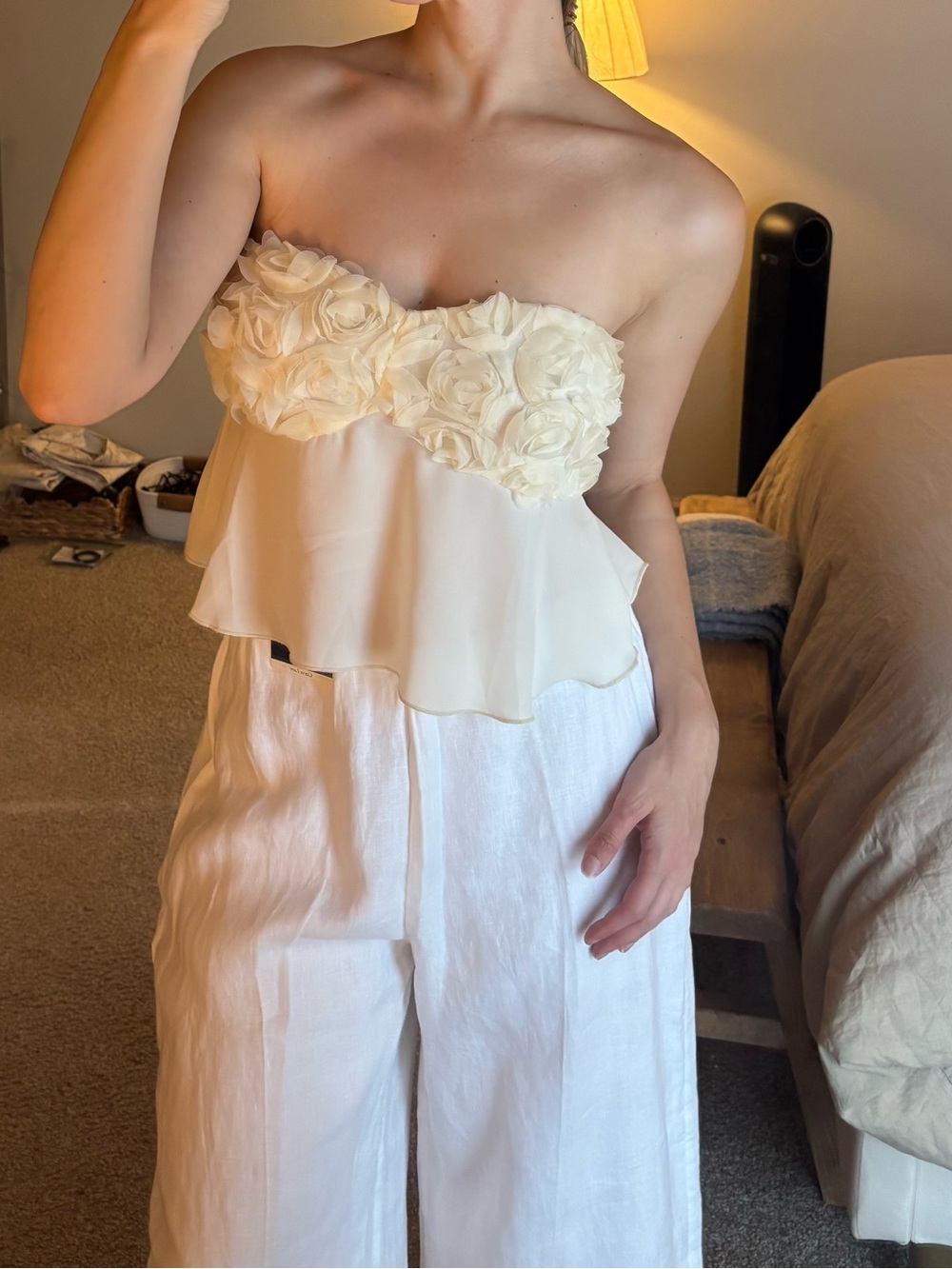 Strapless Floral Appliqué Crop Top in Cream